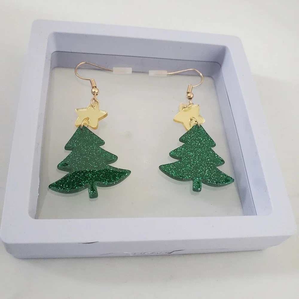 Green Glitter Christmas Tree Earrings Gold Star Acrylic Holiday Dangle Hooks